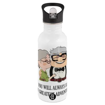 UP, YOU WILL ALWAYS BE MY GREATEST ADVENTURE, White water bottle with straw, stainless steel 600ml