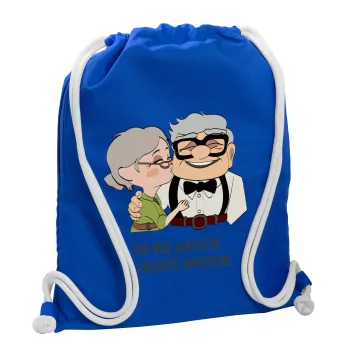 UP, YOU WILL ALWAYS BE MY GREATEST ADVENTURE, Backpack pouch GYMBAG Blue, with pocket (40x48cm) & thick cords