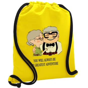 UP, YOU WILL ALWAYS BE MY GREATEST ADVENTURE, Backpack pouch GYMBAG Yellow, with pocket (40x48cm) & thick cords