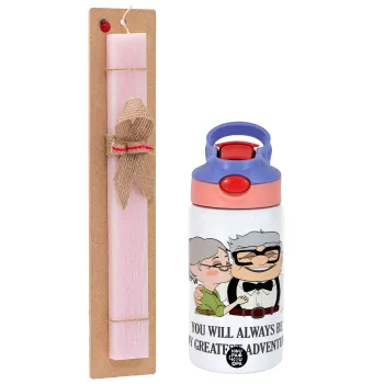 UP, YOU WILL ALWAYS BE MY GREATEST ADVENTURE, Easter Set, Children's thermal stainless steel water bottle with safety straw, pink/purple (350ml) & Easter scented flat candle (30cm) (PINK)