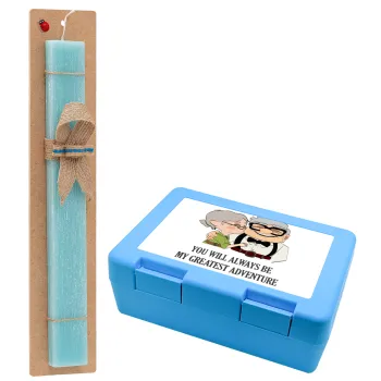 UP, YOU WILL ALWAYS BE MY GREATEST ADVENTURE, Easter Set, children's snack container BLUE & Easter aromatic flat candle (30cm) (TURQUOISE)
