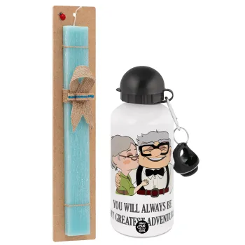 UP, YOU WILL ALWAYS BE MY GREATEST ADVENTURE, Easter Set, metallic aluminum water bottle (500ml) & scented flat candle (30cm) (TURQUOISE)