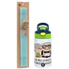 Easter Set, Children's thermal stainless steel bottle with safety straw, green/blue (350ml) & aromatic flat Easter candle (30cm) (TURQUOISE)