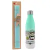 Easter Set, Metallic green/white thermos (Stainless steel), double-walled, 500ml & scented flat Easter candle (30cm) (TURQUOISE)