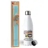 Easter Set, metallic stainless steel water bottle (750ml) & aromatic flat Easter candle (30cm) (TURQUOISE)