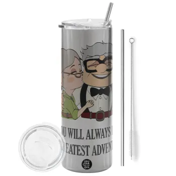 UP, YOU WILL ALWAYS BE MY GREATEST ADVENTURE, Tumbler ποτήρι θερμό Ασημένιο από ανοξείδωτο ατσάλι 600ml, με μεταλλικό καλαμάκι & βούρτσα καθαρισμού