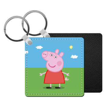 Πέππα το γουρουνάκι, Μπρελόκ Δερματίνη, τετράγωνο ΜΑΥΡΟ (5x5cm)