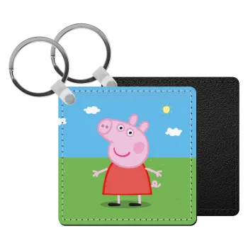 Πέππα το γουρουνάκι, Μπρελόκ Δερματίνη, τετράγωνο ΜΑΥΡΟ (5x5cm)