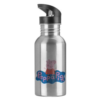 Πέππα το γουρουνάκι μπλε με όνομα, Water bottle Silver with straw, stainless steel 600ml
