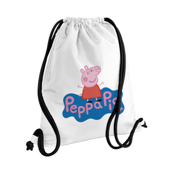 Πέππα το γουρουνάκι μπλε με όνομα, Backpack pouch GYMBAG white, with pocket (40x48cm) & thick cords