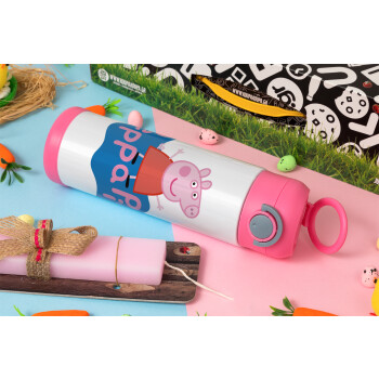 Πέππα το γουρουνάκι μπλε με όνομα, Easter candle, Childrens hot water bottle, stainless steel, with safety straw, PINK (500ml)