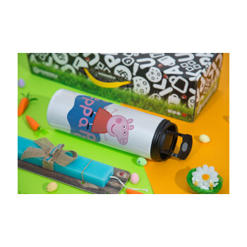 Πέππα το γουρουνάκι μπλε με όνομα, Easter candle,Travel Tumbler 2 Lids, with metal straw & cleaning brush & aromatic flat candle (30cm) (BLUE)
