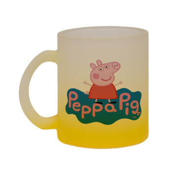 Πέππα το γουρουνάκι μπλε με όνομα, Κούπα γυάλινη δίχρωμη με βάση το κίτρινο ματ, 330ml