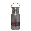 Stainless steel metallic thermos flask, silver with a bamboo lid, double-walled, 350ml.