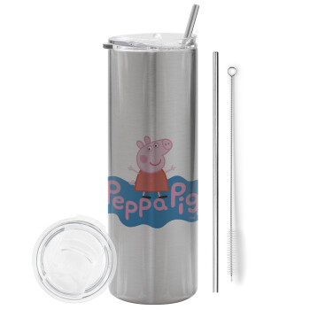 Πέππα το γουρουνάκι μπλε με όνομα, Tumbler ποτήρι θερμό Ασημένιο από ανοξείδωτο ατσάλι 600ml, με μεταλλικό καλαμάκι & βούρτσα καθαρισμού