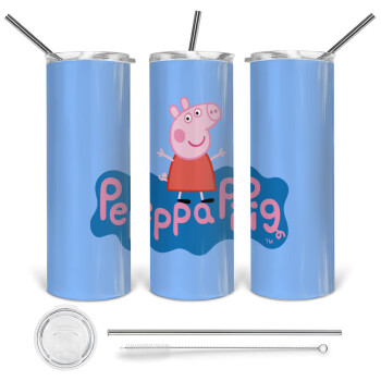 Πέππα το γουρουνάκι μπλε με όνομα, Tumbler stainless steel 600ml, with metal straw & cleaning brush