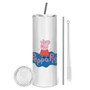 Πέππα το γουρουνάκι μπλε με όνομα, Tumbler ποτήρι θερμό από ανοξείδωτο ατσάλι 600ml, με μεταλλικό καλαμάκι & βούρτσα καθαρισμού