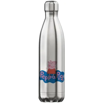 Πέππα το γουρουνάκι μπλε με όνομα, Μεταλλικό παγούρι θερμός Inox (Stainless steel), διπλού τοιχώματος, 750ml