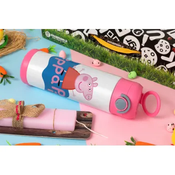 Πέππα το γουρουνάκι μπλε με όνομα, Πασχαλινή Λαμπάδα με Παιδικό παγούρι θερμό, ανοξείδωτο, με καλαμάκι ασφαλείας, ΡΟΖ (500ml)