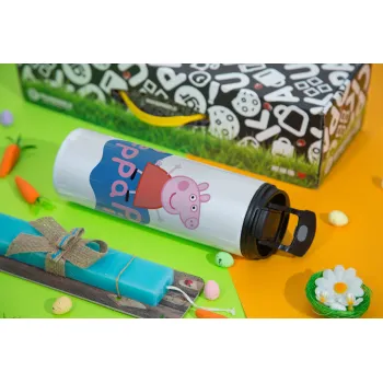 Πέππα το γουρουνάκι μπλε με όνομα, Easter candle,Travel Tumbler 2 Lids, with metal straw & cleaning brush & aromatic flat candle (30cm) (BLUE)