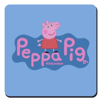 Πέππα το γουρουνάκι μπλε με όνομα, Τετράγωνο μαγνητάκι ξύλινο 9x9cm