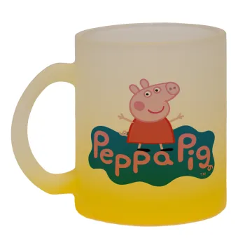 Πέππα το γουρουνάκι μπλε με όνομα, Κούπα γυάλινη δίχρωμη με βάση το κίτρινο ματ, 330ml