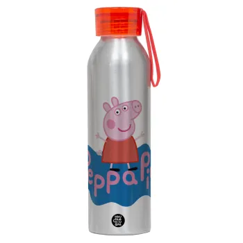Πέππα το γουρουνάκι μπλε με όνομα, Αλουμινένιο Αθλητικό Μπουκάλι 650ml – Ασημί με Κόκκινο Καπάκι και Λουράκι Σιλικόνης