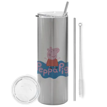 Πέππα το γουρουνάκι μπλε με όνομα, Tumbler ποτήρι θερμό Ασημένιο από ανοξείδωτο ατσάλι 600ml, με μεταλλικό καλαμάκι & βούρτσα καθαρισμού