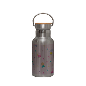 Πέππα το γουρουνάκι και οι φίλοι της, Stainless steel metallic thermos flask, silver with a bamboo lid, double-walled, 350ml.
