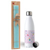 Easter Set, metallic stainless steel water bottle (750ml) & aromatic flat Easter candle (30cm) (TURQUOISE)