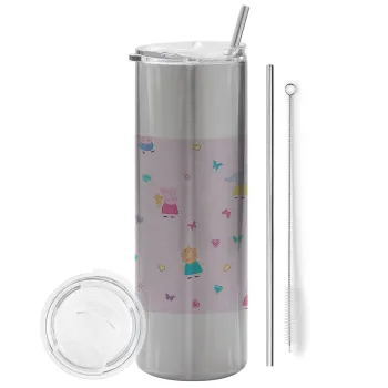 Πέππα το γουρουνάκι και οι φίλοι της, Tumbler stainless steel Silver 600ml, with metal straw & cleaning brush