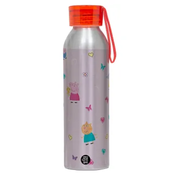 Πέππα το γουρουνάκι και οι φίλοι της, Αλουμινένιο Αθλητικό Μπουκάλι 650ml – Ασημί με Κόκκινο Καπάκι και Λουράκι Σιλικόνης