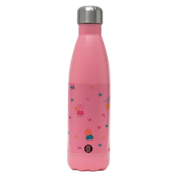 Πέππα το γουρουνάκι και οι φίλοι της, Μεταλλικό παγούρι θερμός Ροζ Ματ (Stainless steel), διπλού τοιχώματος, 500ml