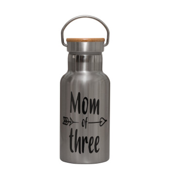 Mom of three, Stainless steel metallic thermos flask, silver with a bamboo lid, double-walled, 350ml.