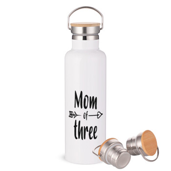 Mom of three, Stainless steel White with wooden lid (bamboo), double wall, 750ml