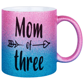 Mom of three, Κούπα Χρυσή/Μπλε Glitter, κεραμική, 330ml