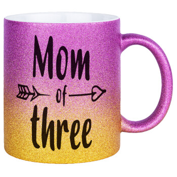 Mom of three, Κούπα Χρυσή/Ροζ Glitter, κεραμική, 330ml