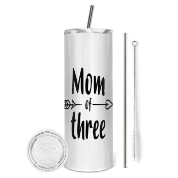 Mom of three, Tumbler ποτήρι θερμό από ανοξείδωτο ατσάλι 600ml, με μεταλλικό καλαμάκι & βούρτσα καθαρισμού