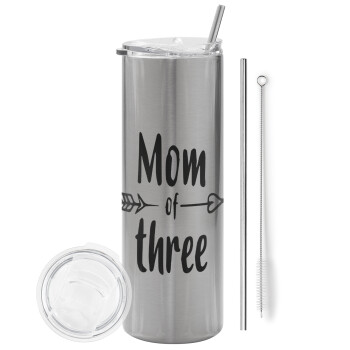 Mom of three, Tumbler stainless steel Silver 600ml, with metal straw & cleaning brush