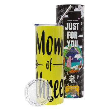 Mom of three, Neon Yellow Travel Tumbler, with metal straw (Stainless steel 304 Food grade, BPA free, 600ml)