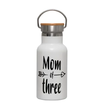 Mom of three, Metallic thermos (Stainless steel) White with wooden lid (bamboo), double-walled, 350ml