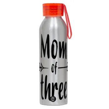 Mom of three, Αλουμινένιο Αθλητικό Μπουκάλι 650ml – Ασημί με Κόκκινο Καπάκι και Λουράκι Σιλικόνης