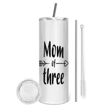 Mom of three, Tumbler ποτήρι θερμό από ανοξείδωτο ατσάλι 600ml, με μεταλλικό καλαμάκι & βούρτσα καθαρισμού