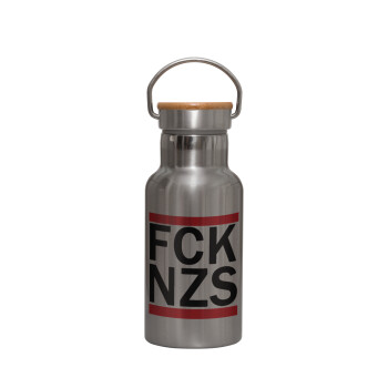 FCK NZS, Stainless steel metallic thermos flask, silver with a bamboo lid, double-walled, 350ml.