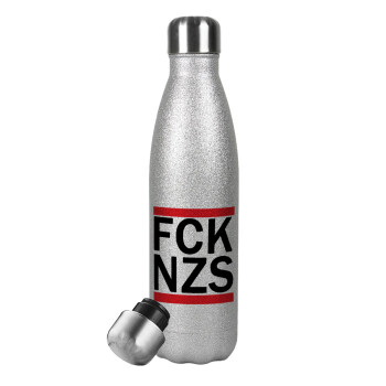 FCK NZS, Μεταλλικό παγούρι θερμός Glitter Aσημένιο (Stainless steel), διπλού τοιχώματος, 500ml