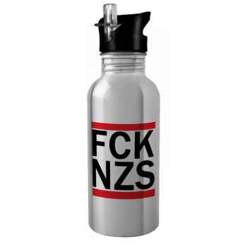 FCK NZS, Water bottle Silver with straw, stainless steel 600ml