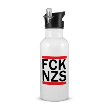 FCK NZS, White water bottle with straw, stainless steel 600ml