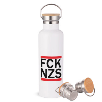 FCK NZS, Μεταλλικό παγούρι θερμός (Stainless steel) Λευκό με ξύλινο καπακι (bamboo), διπλού τοιχώματος, 750ml