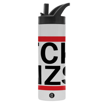 FCK NZS, Μεταλλικό παγούρι θερμός με καλαμάκι & χειρολαβή, ανοξείδωτο ατσάλι (Stainless steel 304), διπλού τοιχώματος, 600ml