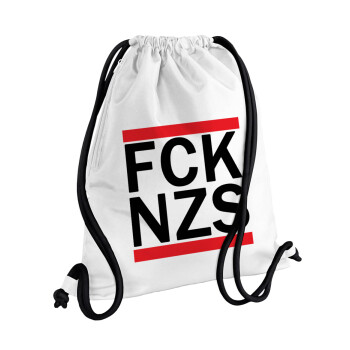 FCK NZS, Τσάντα πλάτης πουγκί GYMBAG λευκή, με τσέπη (40x48cm) & χονδρά κορδόνια